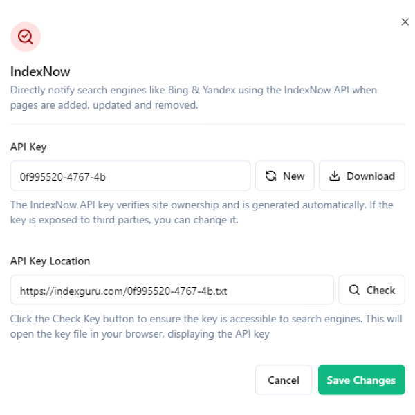 IndexNow Configuration Modal in Indexguru